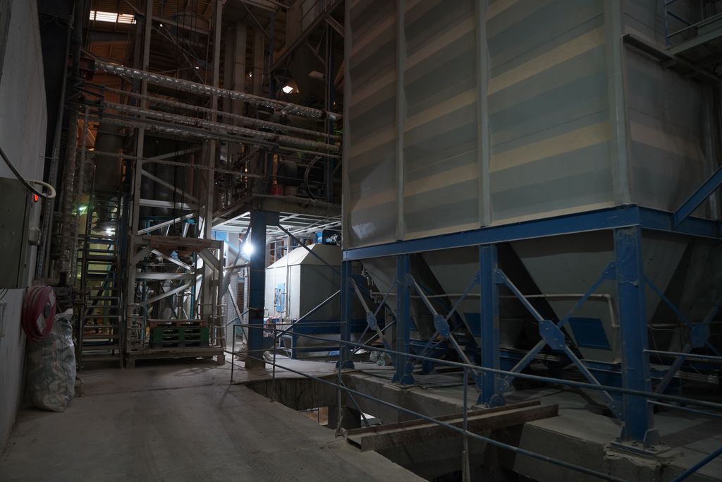 Inside the mill — hoppers and the pelleting line